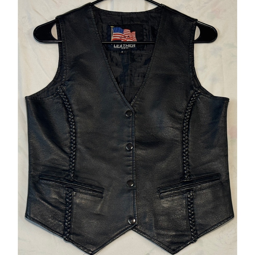 Leather USA Black Genuine Leather Biker Vest Braided Trim Womens Small S 80510